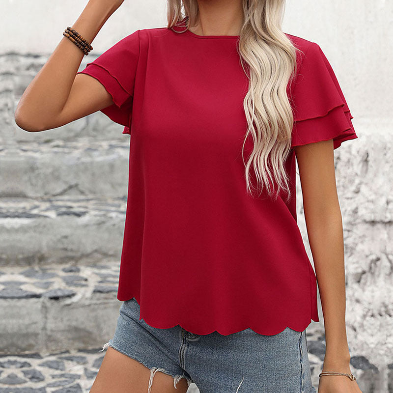 Women's Women Clothing Double Layer Ruffle Sleeve Solid Color Top For Women Summer