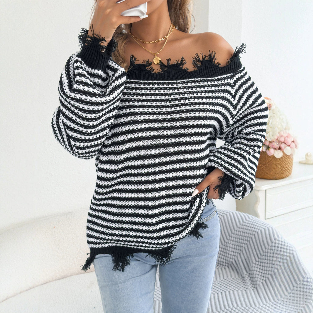 Women's Striped Off-Shoulder Lantern-Sleeve Sweater