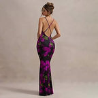 Women's Floral Print Cross Shoulder Strap Backless Slim Fit Inner Dress
