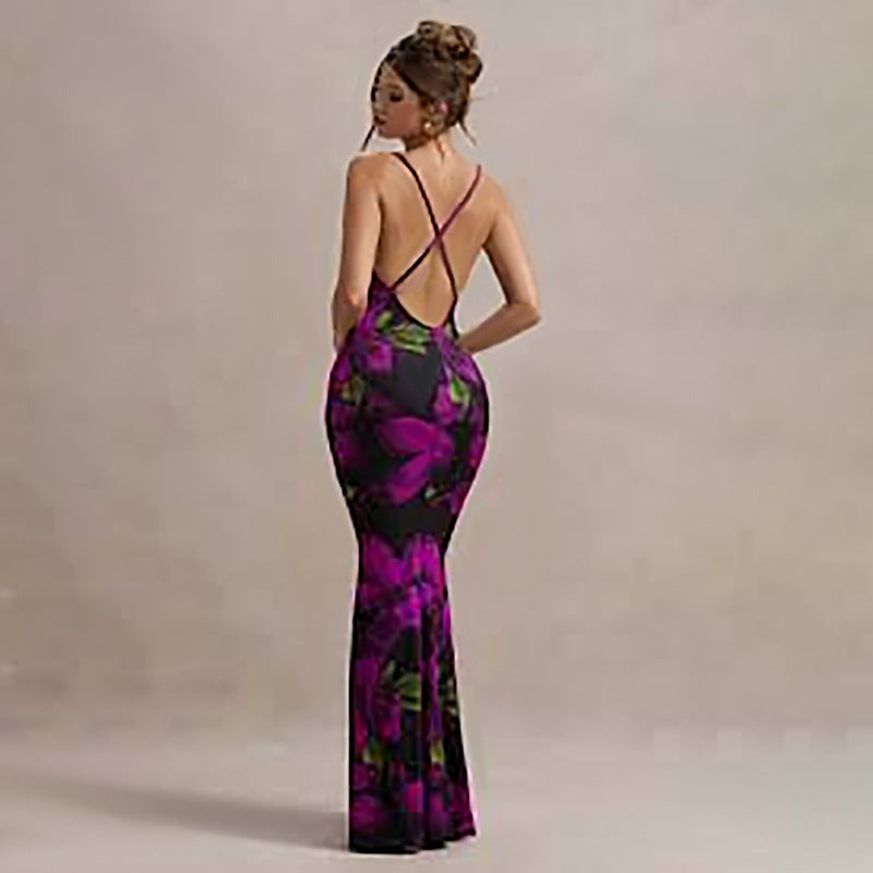 Women's Floral Print Cross Shoulder Strap Backless Slim Fit Inner Dress
