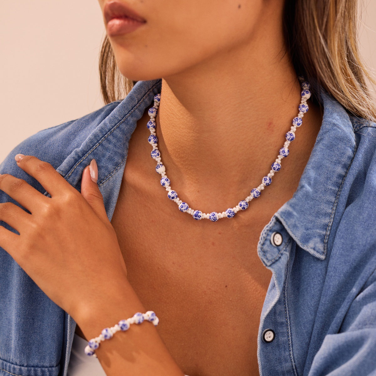 Ceramic Necklace Set Floral Beads Blue White Porcelain