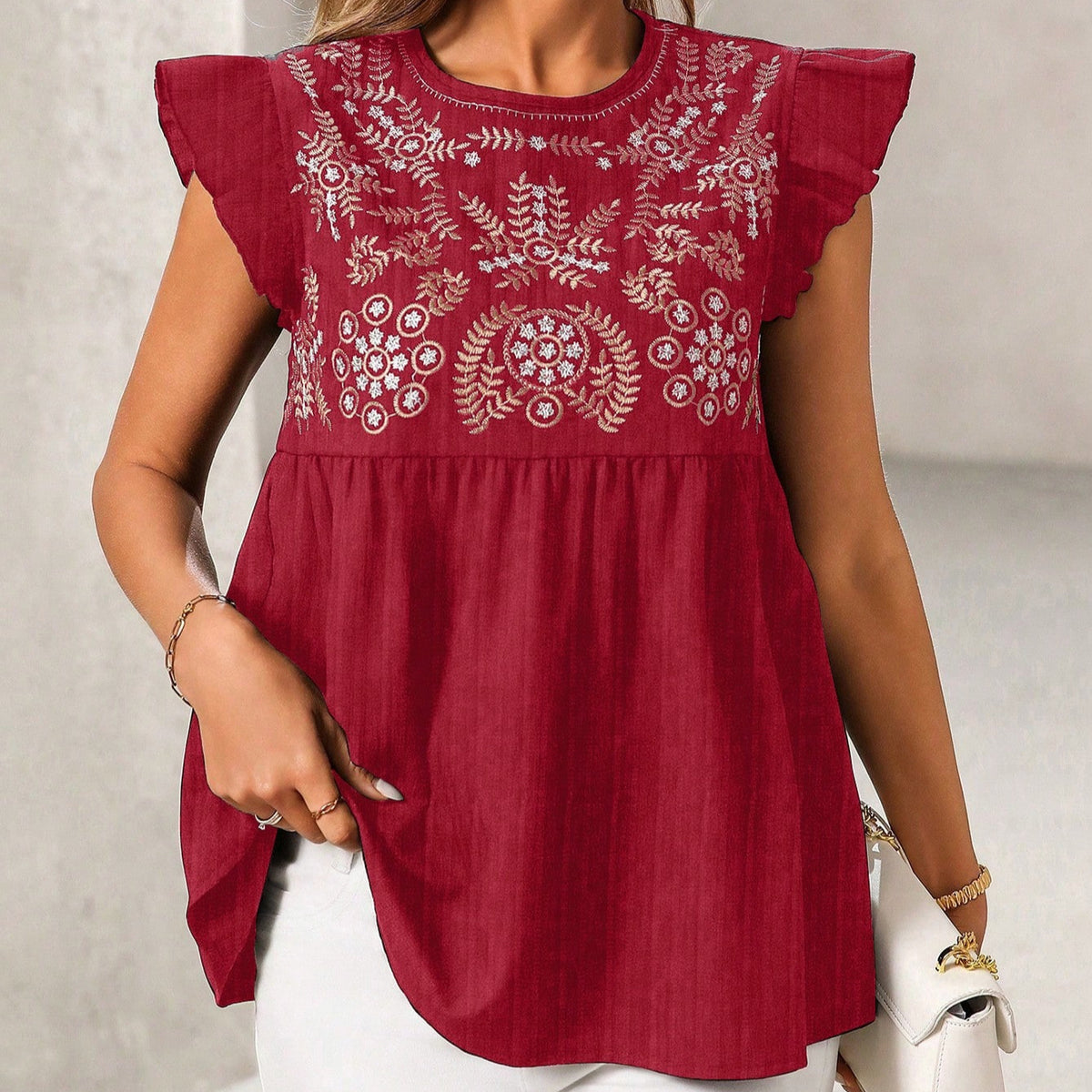 Women's National Embroidered Shoulder Flying Sleeves Short Shirt
