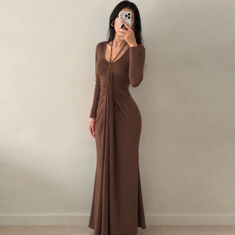 Women's Deep V-Neck Pleated Maxi Dress