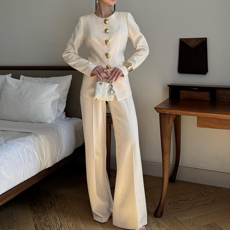 Autumn Winter White Top Straight Loose Trousers Set