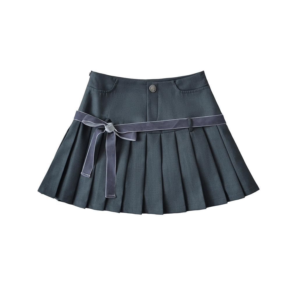 Retro Plaid Bow Lace Up Pleated College High Waist Skirt