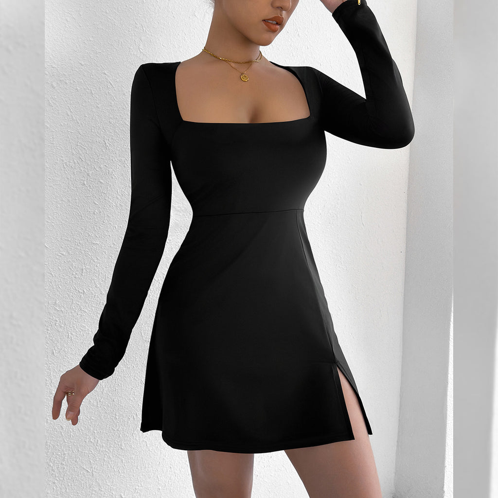 Square-Neck Long-Sleeve Split A-Line Mini Dress