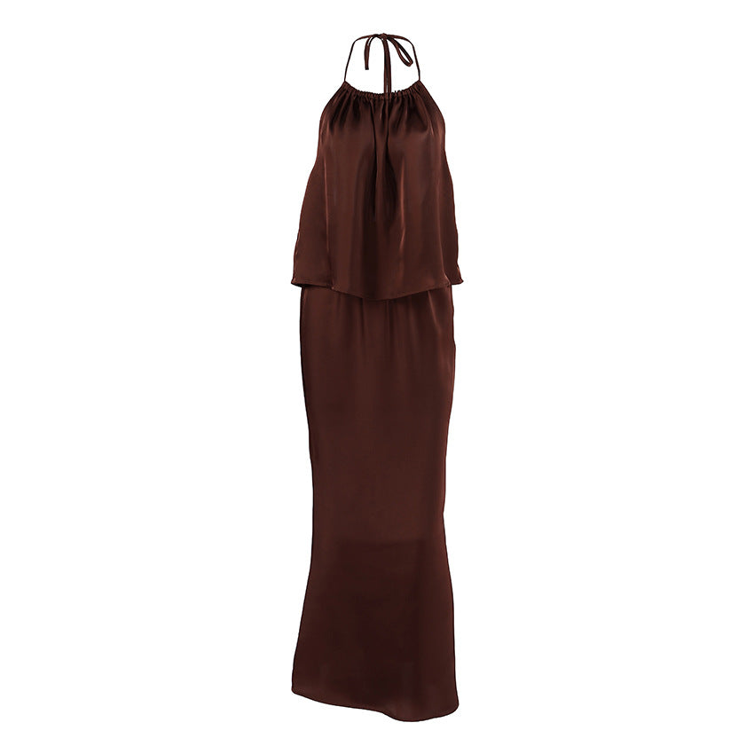 Summer Suit Women's Imitation Acetate Sexy Backless Lace up Halter Spaghetti Straps Vest Straight Skirt Two Piece Set