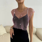 Sexy Cutout Fishnet Rhinestone V neck Party Rhinestone Women Vest