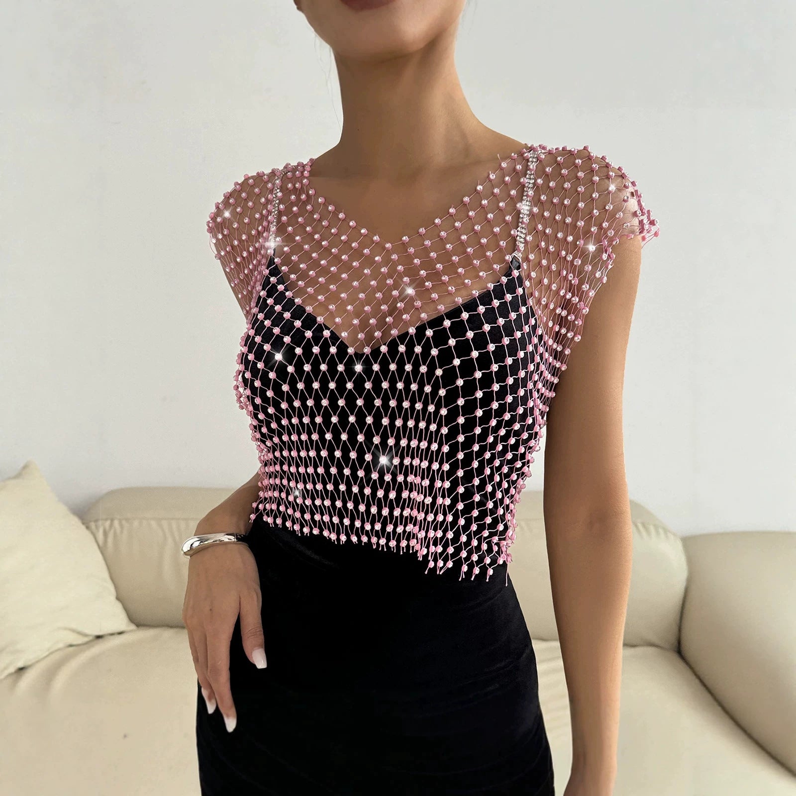 Sexy Cutout Fishnet Rhinestone V neck Party Rhinestone Women Vest