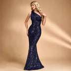 Women's Sequin Oblique Shoulder Applique Evening Cocktail Dress