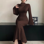 Minimalist Dress Slim Fit Wild Bell Sleeve Half Turtleneck Sheath