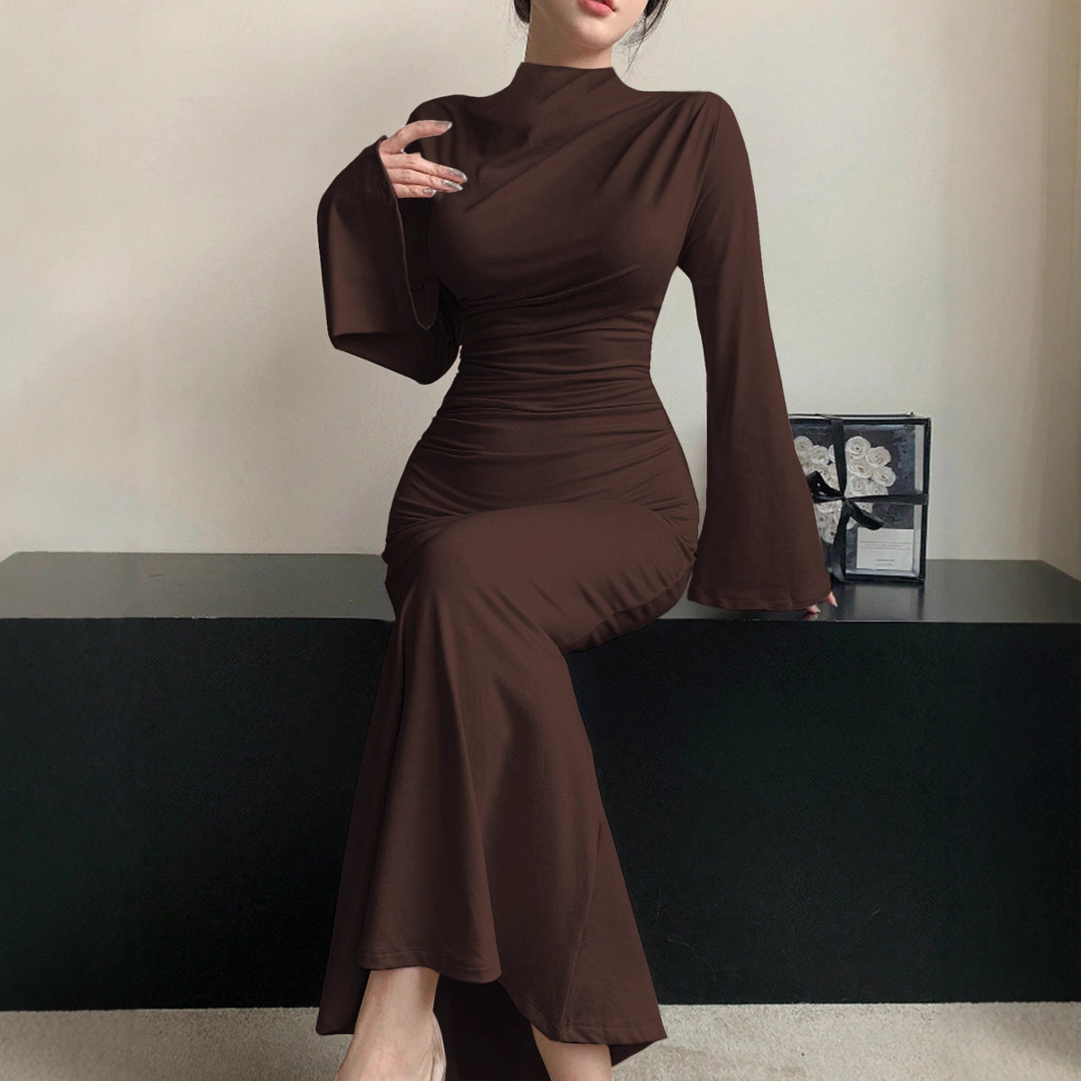Minimalist Dress Slim Fit Wild Bell Sleeve Half Turtleneck Sheath