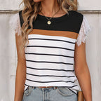 Women's Striped Lace Trim Sleeveless T-Shirt