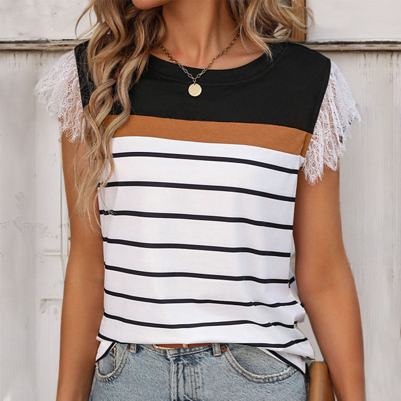 Women's Striped Lace Trim Sleeveless T-Shirt