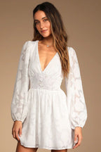 Women's Smocked Chiffon V-Neck Lantern-Sleeve Dress