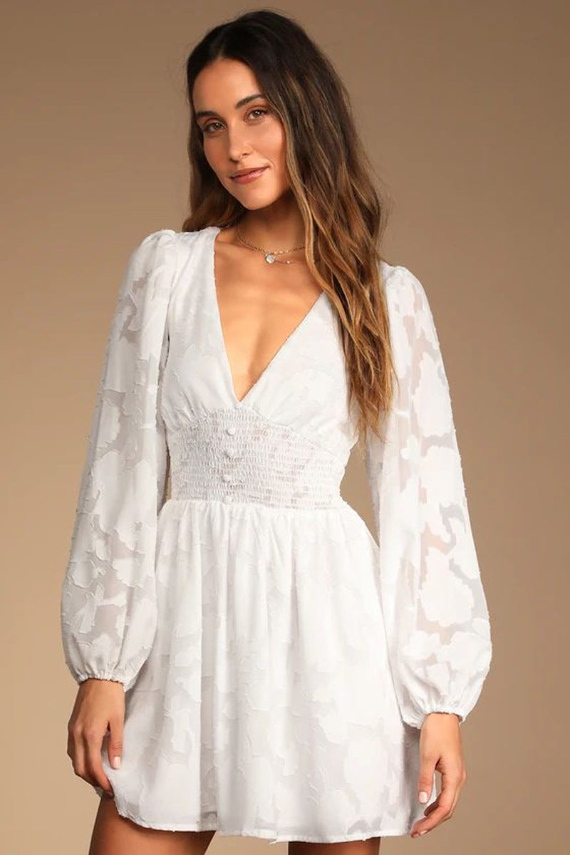 Women's Smocked Chiffon V-Neck Lantern-Sleeve Dress