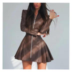 Women's Stand-Collar Faux-Leather Pleated Long-Sleeve Mini Dress