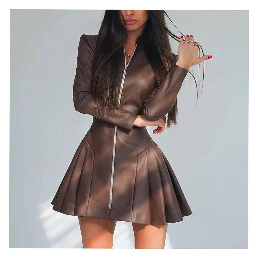Women's Stand-Collar Faux-Leather Pleated Long-Sleeve Mini Dress