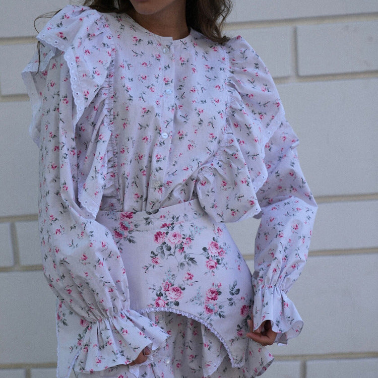Summer French Design Detachable Waist Seal Floral Print Long Sleeve