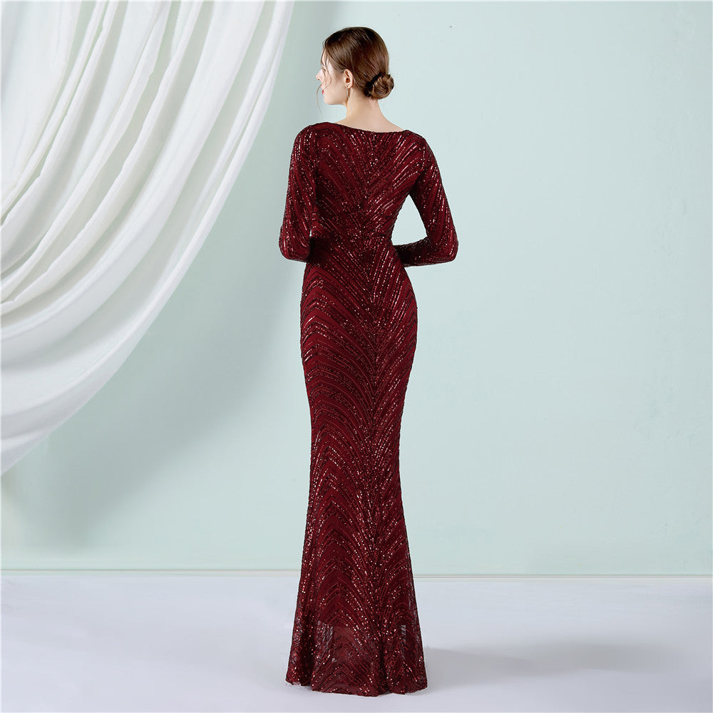 Women's Floral Sequin Evening Dress Banquet Elegant Long Sleeve Sequin Queen