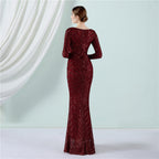 Women's Floral Sequin Evening Dress Banquet Elegant Long Sleeve Sequin Queen