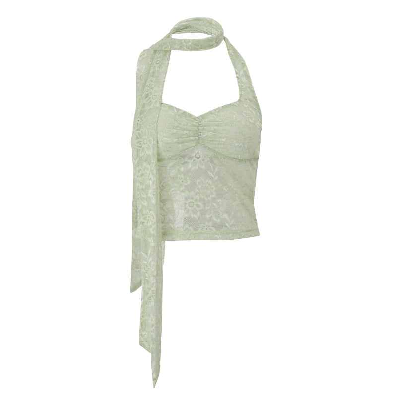 Lace See Through Decorative Ribbon Short Halterneck Vest Top