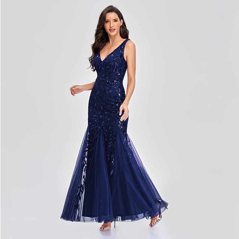 Women's Evening V Neck Tulle Embroidered Sequ Mermaid Prom Formal Dress