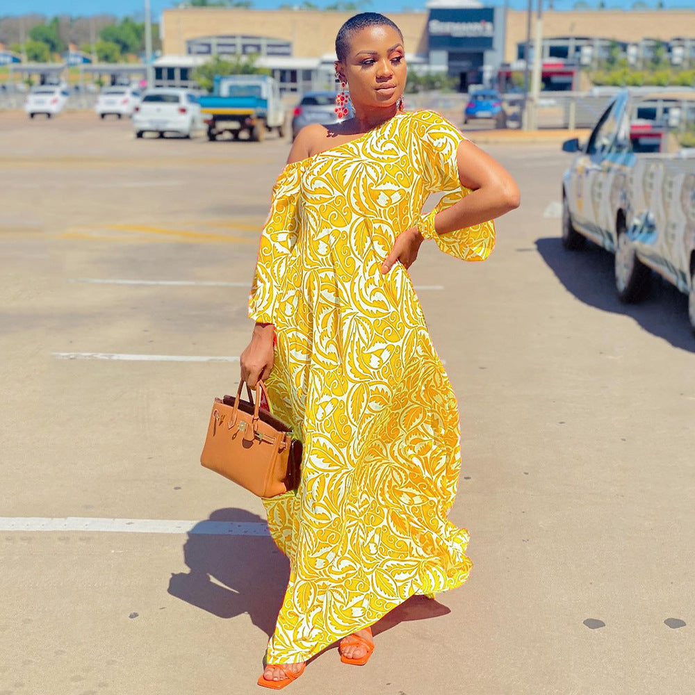 Printed For Shoulder Half Sleeves Loose Dress