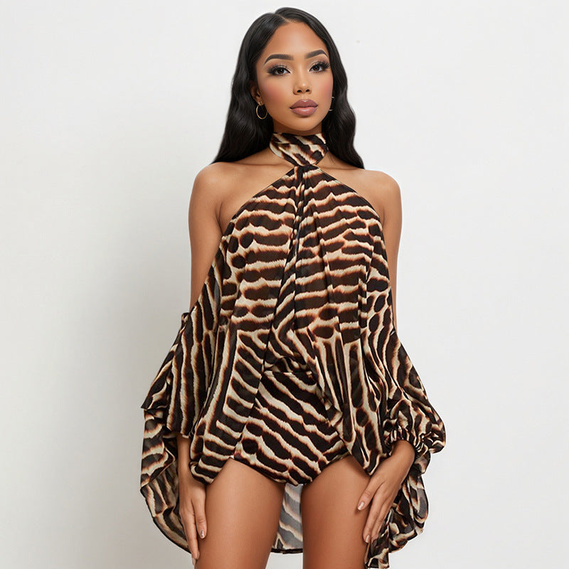 Women Clothing Summer Sexy Printed off Shoulder Long Sleeve