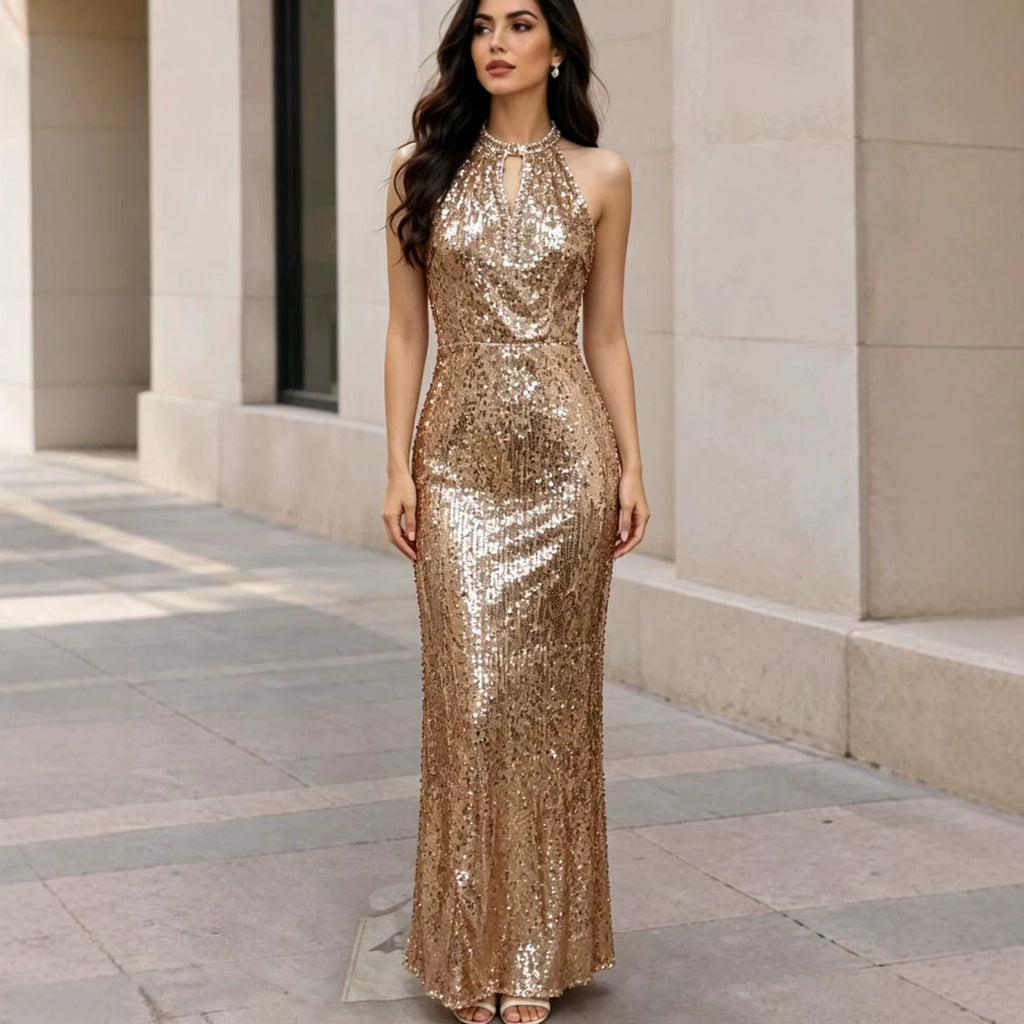 Women's Champagne Sequined V-Neck Fishtail Evening Sleeveless Slim Fit