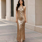 Women's Champagne Sequined V-Neck Fishtail Evening Sleeveless Slim Fit