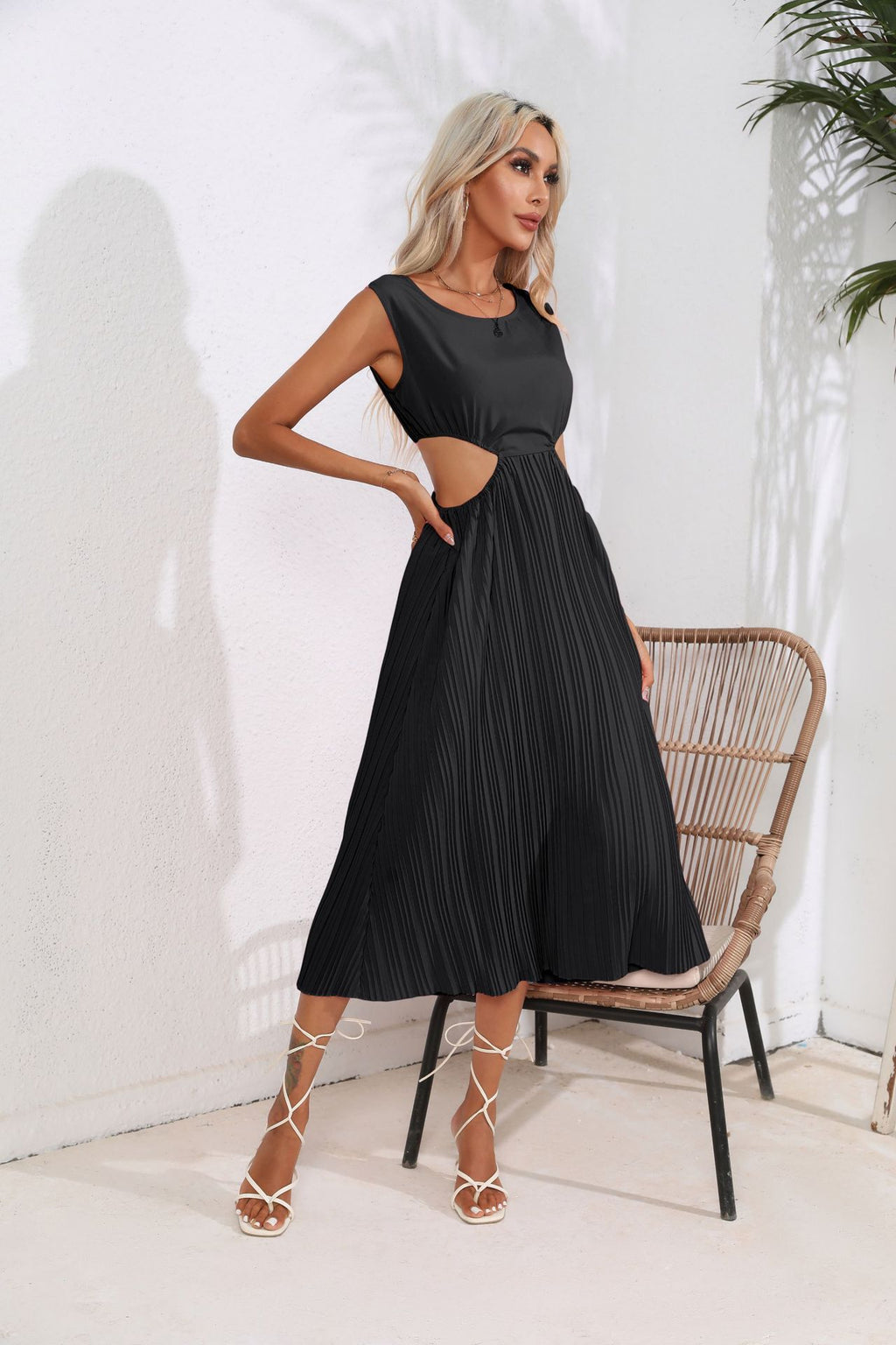 Hollowed Out Cropped Outfit Pleated Dress Sleeveless Swing Mid Length Vest Dress Women Women Clothing