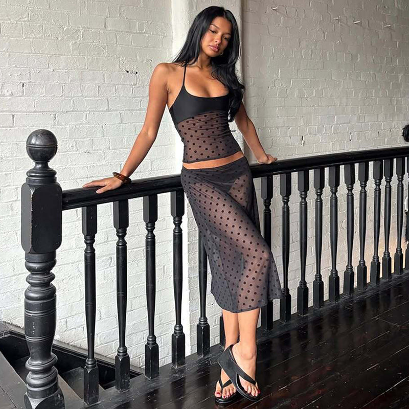 Women's Mesh Polka Dot Halter Dress Two-Piece Set