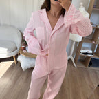 Spring Summer Double Layer Wrinkle Yarn Cotton Skin Friendly Striped Long Sleeve Seamed Lotus Leaf Edge Trousers Set Home Wear