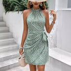 Women's Floral Halter Pleated Mini Dress