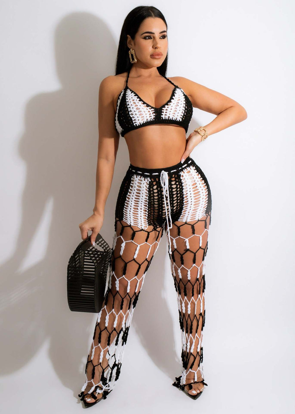 Hollow Out Cutout See Through Beach Fishnet Color Matching Hand Crochet Suit Two-Piece Set