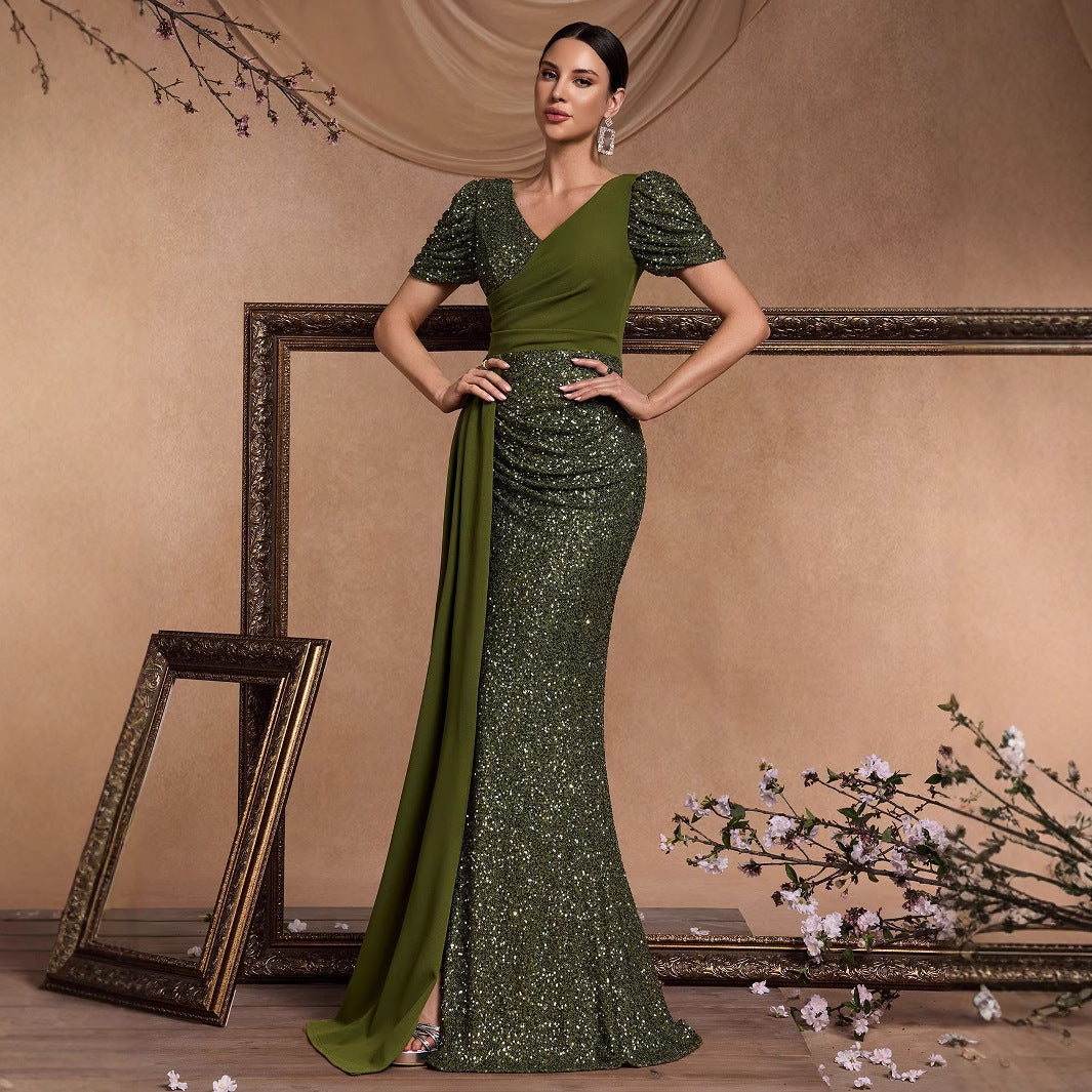 Elegant Sequin Patchwork Fitted V Neck Short Sleeve Chic Glamorous Regal Formal Evening Gown For Cocktail Parties Banquets