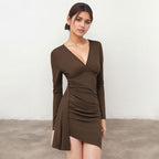 Women's Dark Brown Pleated V-Neck Dress