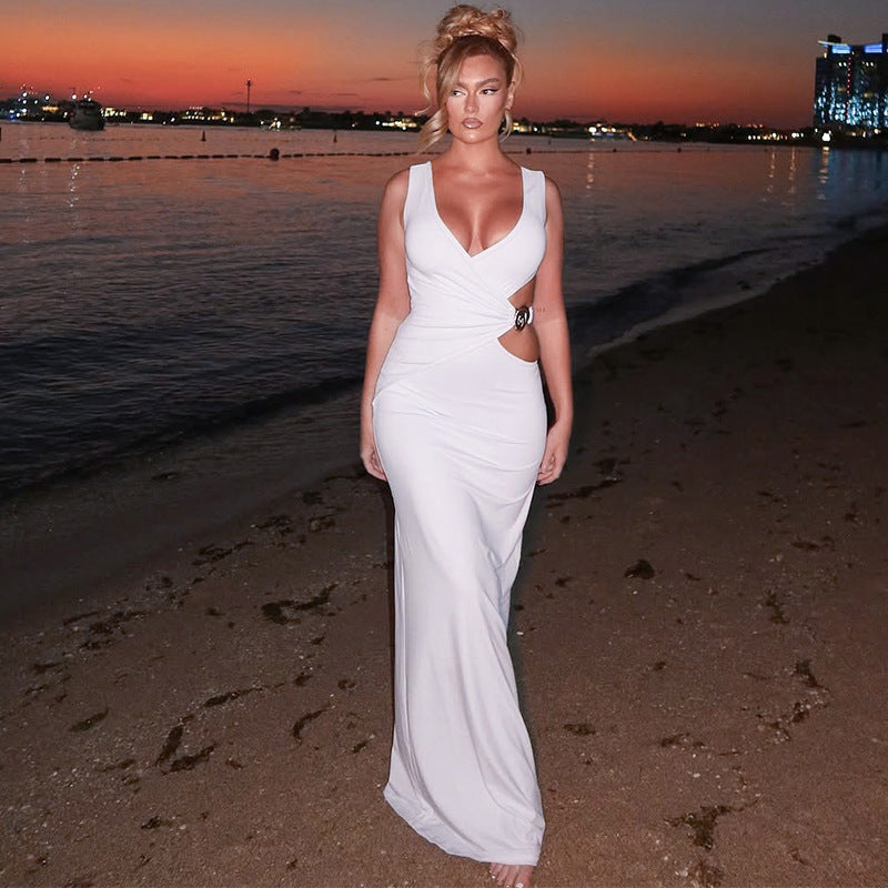 Summer Solid Color V neck Maxi Dress Cutout Sheath Dress Women