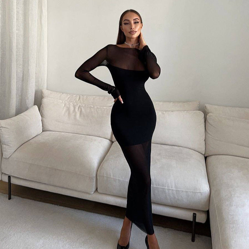 Mesh Long Sleeve Red Carpet Maxi Dress