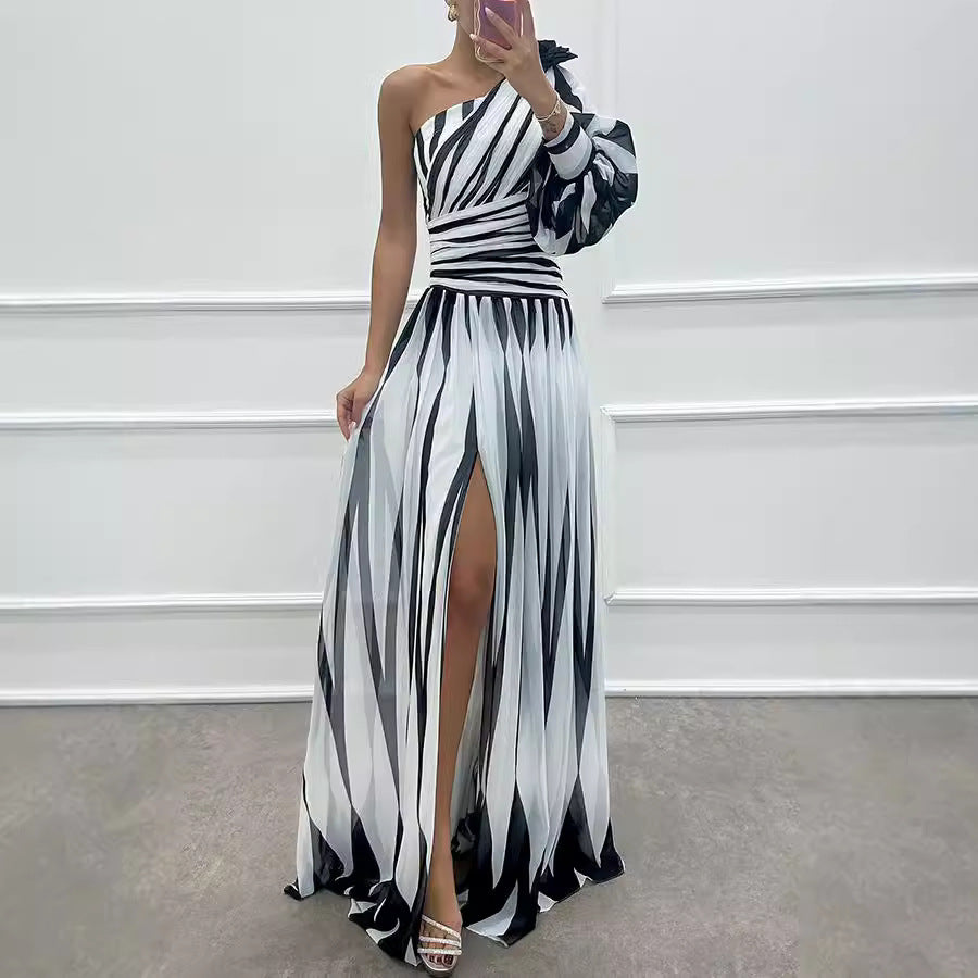 Chevron One-Shoulder Long-Sleeve Split A-Line Maxi Dress