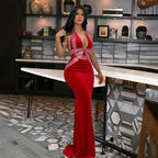 Women's Backless Velvet Halter Evening Dress