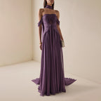 Purple halter summer dress with draped bodice and gathered long skirt