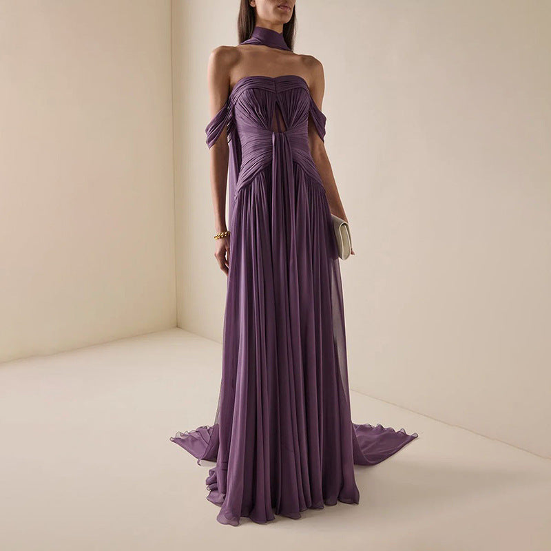 Purple halter summer dress with draped bodice and gathered long skirt