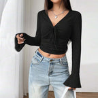 Women’s Black Flared Sleeve V Neck Crop Top