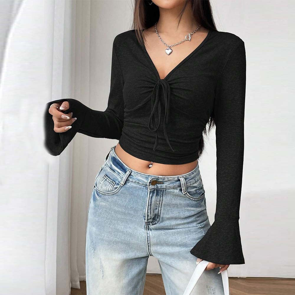 Women’s Black Flared Sleeve V Neck Crop Top