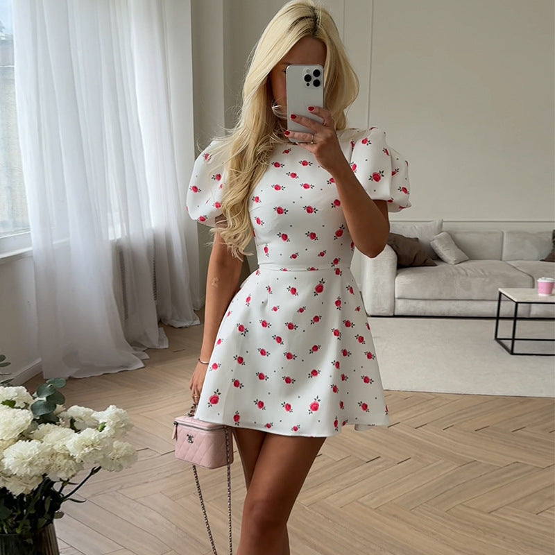 Puff-Sleeve Floral A-Line Dress