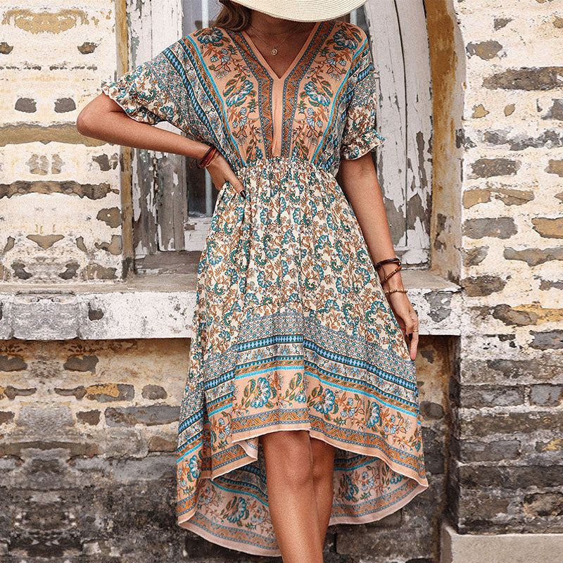 Women's Retro Printed Asymmetric Vacation Midi Dress