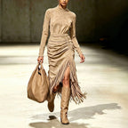 Women's Autumn Chic Leather Velvet Tassel Dress Long Sleeve Turtleneck Slim Fit Waist Sheath Casual Retro