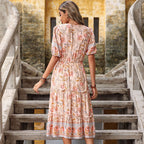 Summer Retro Women Pink Wooden Ear Printed Midi Dress